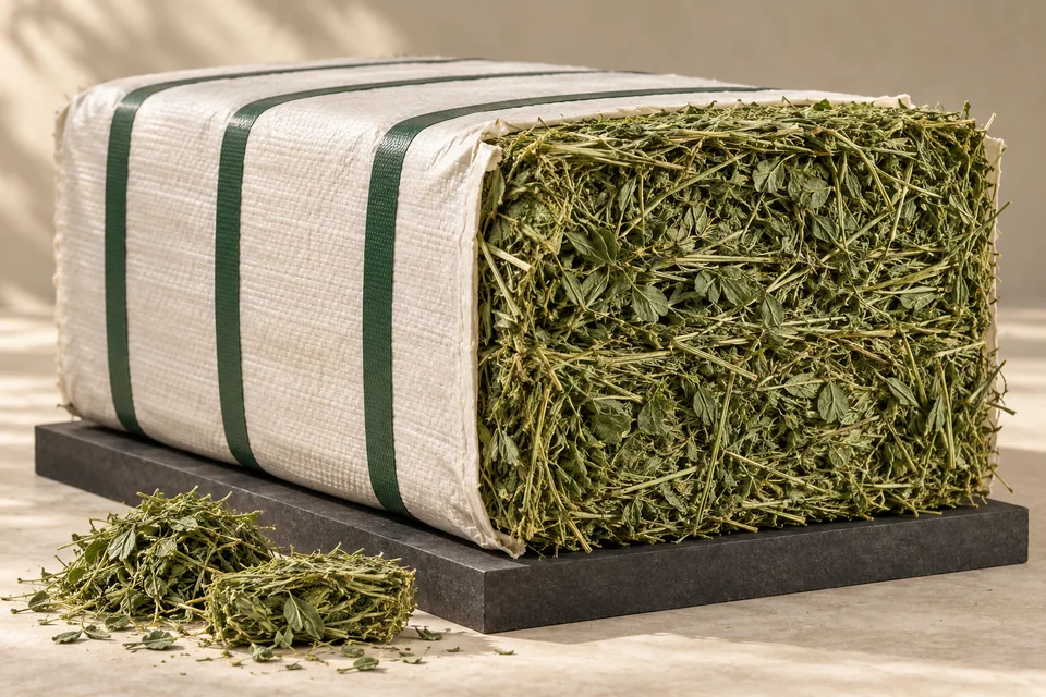 Premium leafy Alfalfa hay export bale with protective sleeve