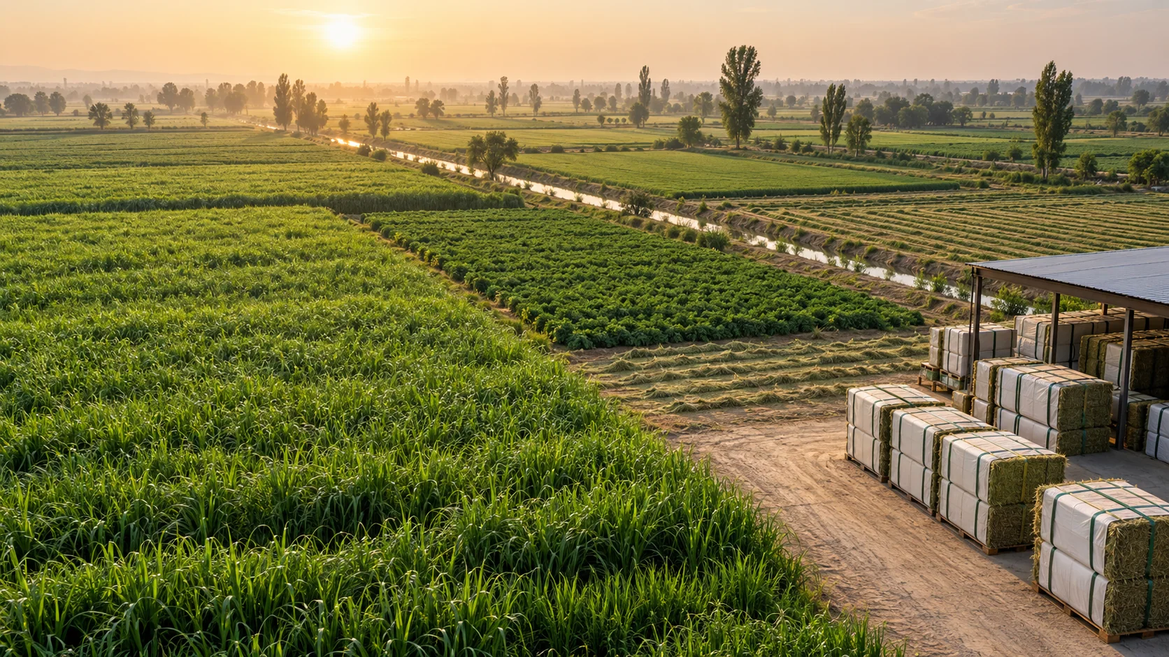 Irrigated agricultural forage fields at sunrise in Pakistan